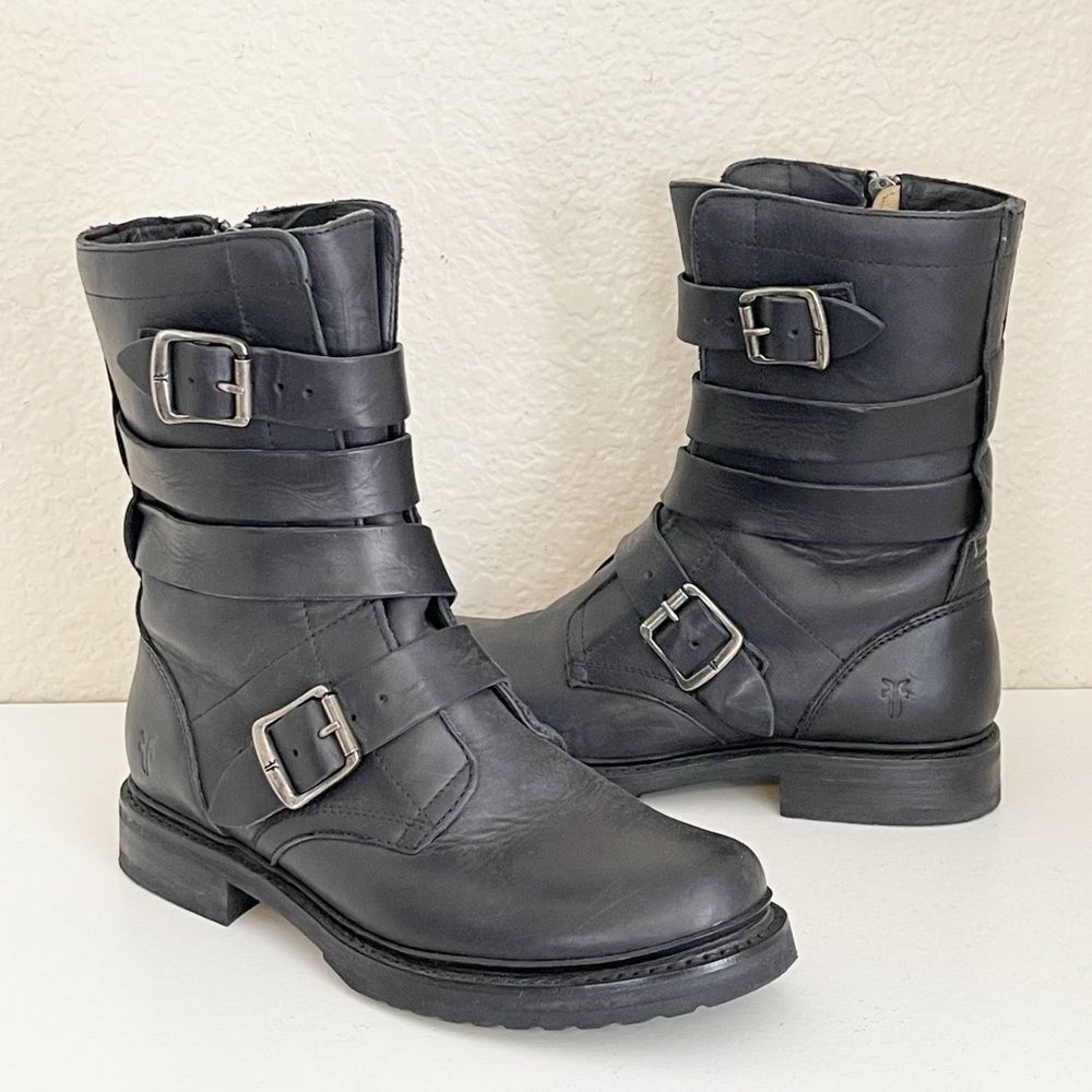 FRYE Veronica black leather combat Tanker Moto Boot 7 - Picture 6 of 17